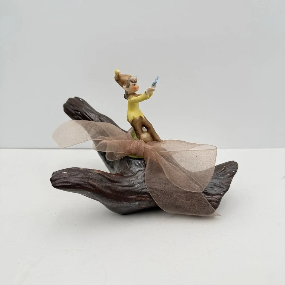Vtg 50s Ceramic Girl Garden Pixie Elf On Log w/ Butterfly Kitschy Mid Century